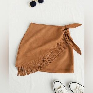 Brown Faux suede skirt with Fringe Wrap